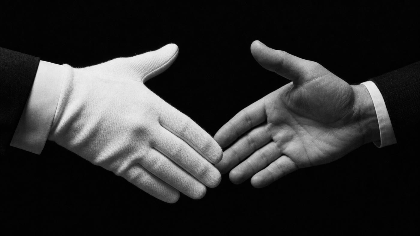 A white-gloved hand extended for a handshake
